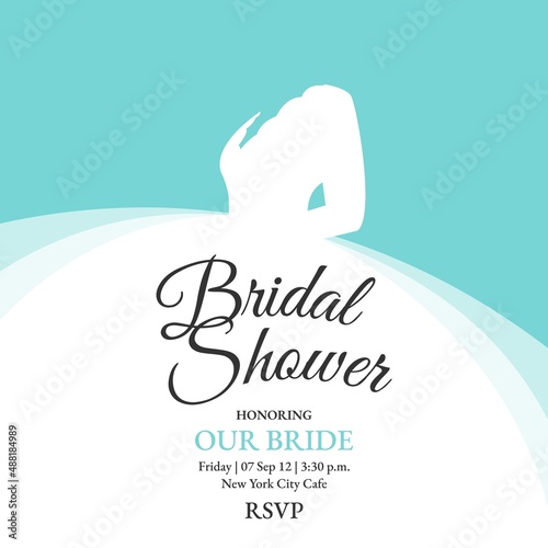 Bridal Shower invite with Bride wedding dress on blue background