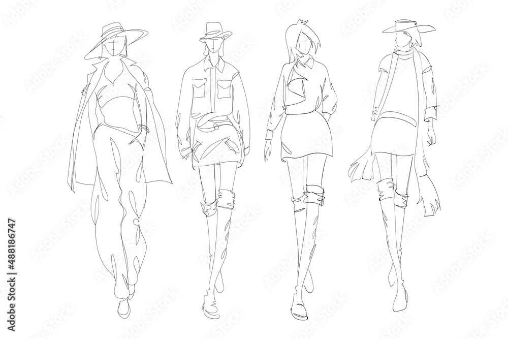 Set of young beautiful women in stylish clothes. Sale concept. Hand-drawn fashion illustration. Fashion sketch. Set of young beautiful women in stylish clothes. Sale concept. Hand-drawn fashion illustration. Fashion sketch.