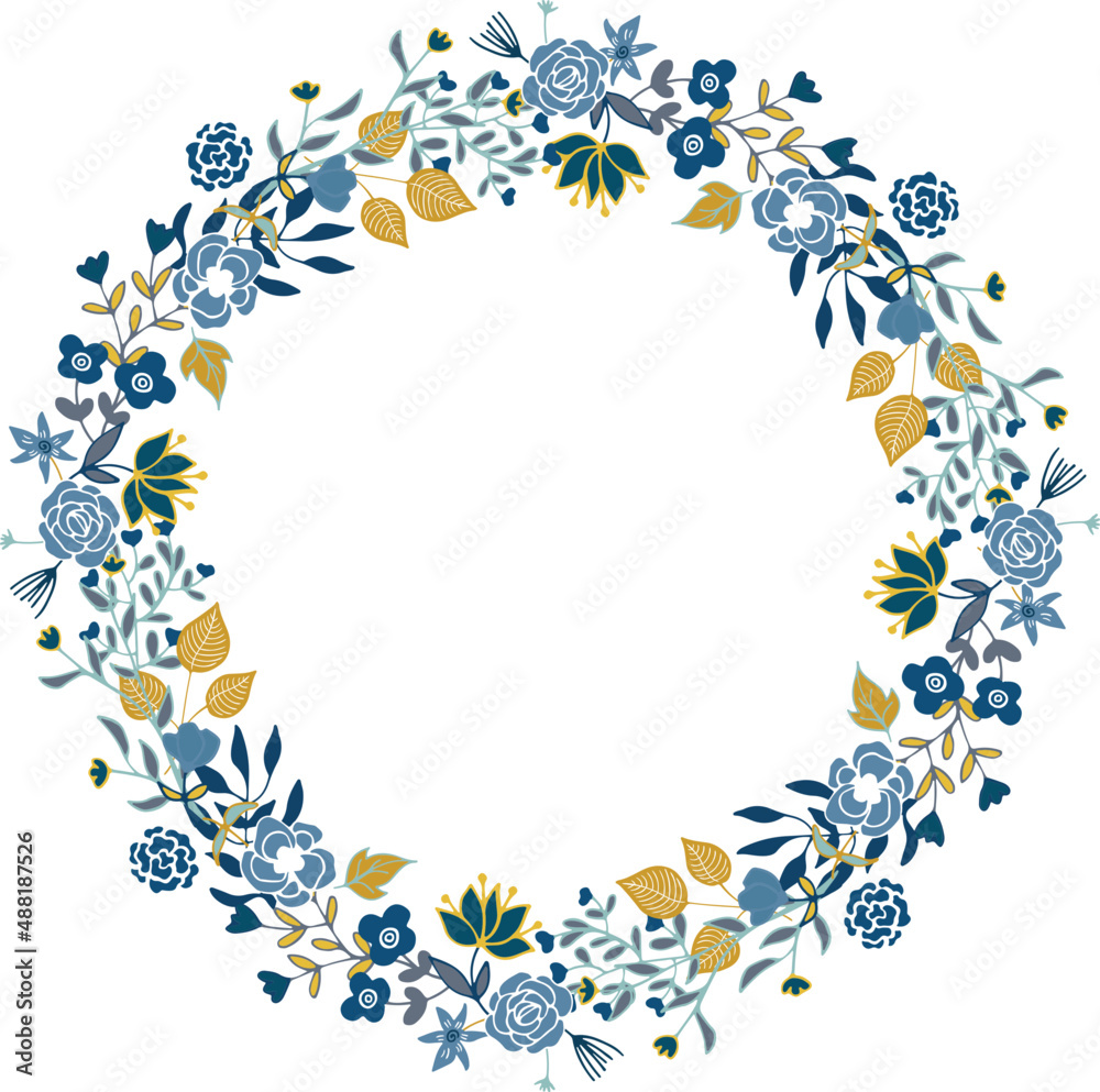 Round nature frame with blue and yellow flowers and leaves Round nature frame with blue and yellow flowers and leaves