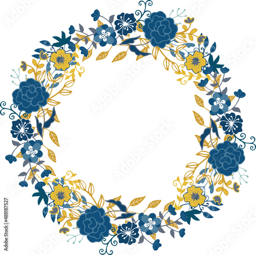 Round nature frame with blue and yellow flowers and leaves