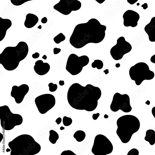 Dolmatian wool or spotted cow skin texture template. Seamless pattern of black random spots.Texture banner.Imitation of coloring animal skins. Vector illustration isolated on white background