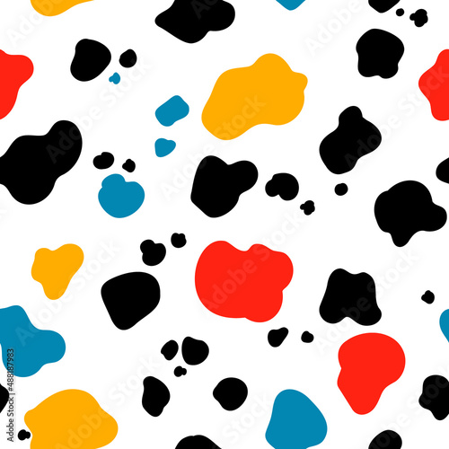 Dalmatian wool or mottled cowhide texture template. Seamless pattern of black and colored random spots. Texture banner. Imitation of coloring of animal skins. Vector illustration isolated on white bac