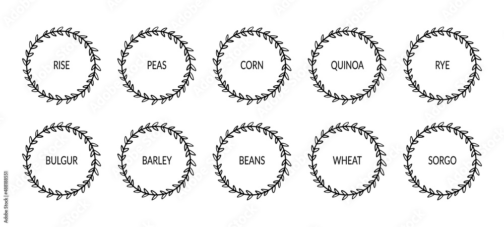 Black and white round labels for cereals. Food labels with floral frame. For labeling kitchen containers. Vector set Black and white round labels for cereals. Food labels with floral frame. For labeling kitchen containers. Vector set