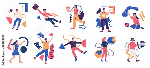 People with abstract shapes. Creative process and finding idea metaphor. Women and geometric figures. Men with contour spots. Circles and squares. Vector business brainstorming concept