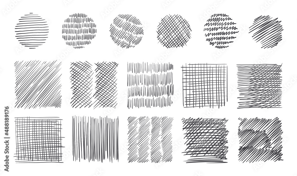 Pencil stroke pattern Pen doodle scrawl Hand drawn sketch texture with  pen lines Cross or parallel hatch Black and white backgrounds Vector  square and round hatching shapes set Stock Vector  Adobe