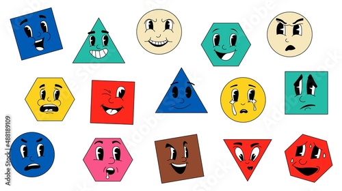 Shapes with retro faces. Abstract geometric figures with cartoon facial emotion expressions. Angry or cheerful smiley. Happy and disappointed emoticons. Vector 30s 40s 50s clipart set