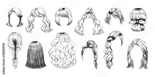 Hair sketch. Woman hairstyle pencil drawing. Female long or short haircut or y wig. Girls beauty. Different coiffure stylish models with braid, bun and ponytail. Vector glamour hairdo set