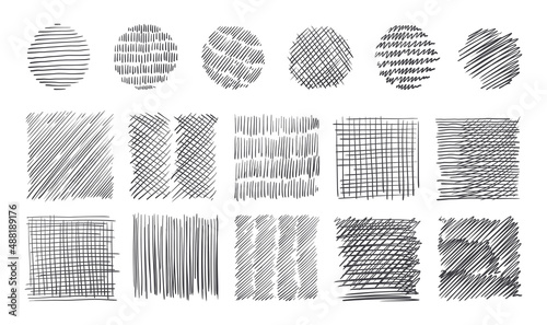 Pencil stroke pattern. Pen doodle scrawl. Hand drawn sketch texture with pen lines. Cross or parallel hatch. Black and white backgrounds. Vector square and round hatching shapes set