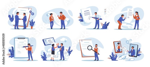 People sign document. Characters signing contract and setting arrangement. Businessmen communication and handshake. Online negotiation. Pen and papers. Vector deal with legal signature set