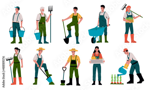 Farmer character. Agricultural workers with equipment working on farm and garden. Men digging ground or watering plants. Persons with buckets, shovels and rakes. Vector gardeners set