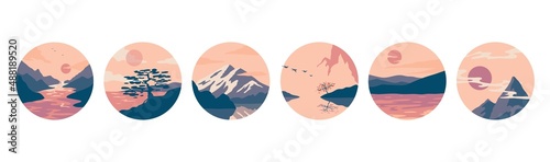 Abstract social media covers. Circle layouts with vintage grungy shapes. Round frames with scenic panoramas. Mountains and river scenery. Highlands landscape. Vector account banners set