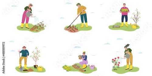 Gardeners set, spring,summer - modern flat vector illustration concept of different people - men and women doing gardening - watering, planting, pruning, hoe, organizing spring gardening concept