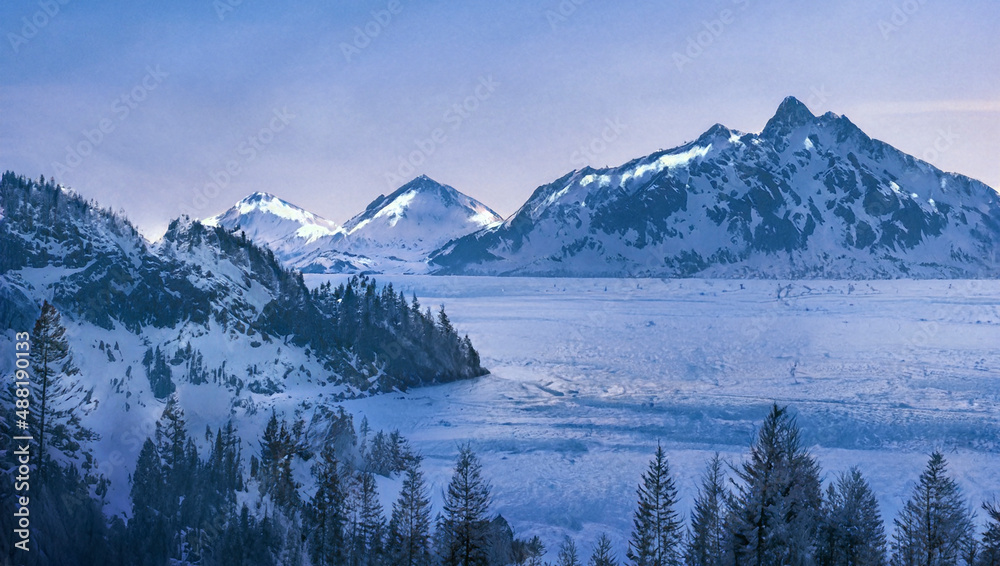 Winter Scene in the Mountains and White Frozen Lake. Digital Painting Artwork. Winter Scene in the Mountains and White Frozen Lake. Digital Painting Artwork.