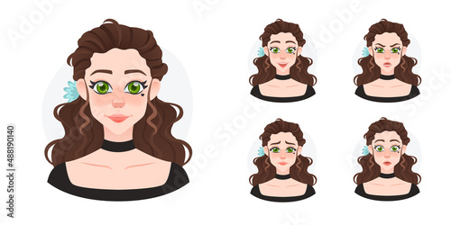 Cartoon young pretty girl avatar set. Beaulifull doll with blue flower in long curly hairs face expressions. Lady style