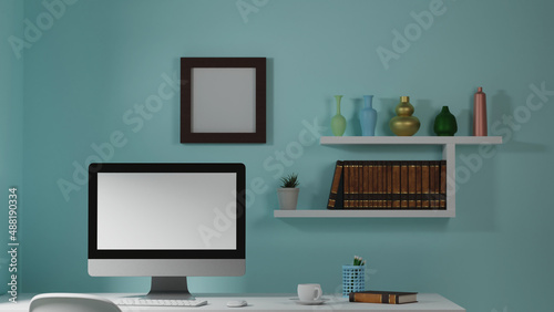 computer with a white screen on the office table. 3D rendering