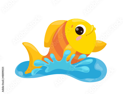 Cheerful goldfish waves from the lake. Children's cartoon. Isolated vector illustration on a white background.