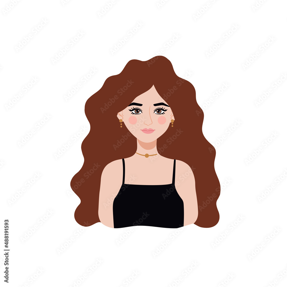 Beautiful Caucasian girl with brown hair wearing fancy black dress. Woman illustration isolated on white. Beautiful Caucasian girl with brown hair wearing fancy black dress. Woman illustration isolated on white.