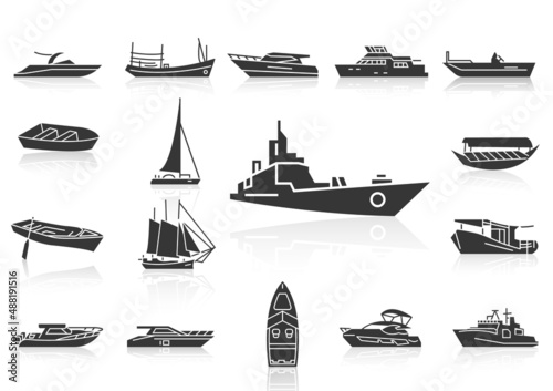 solid icons set, transportation, Boat and shadow, vector illustrations
