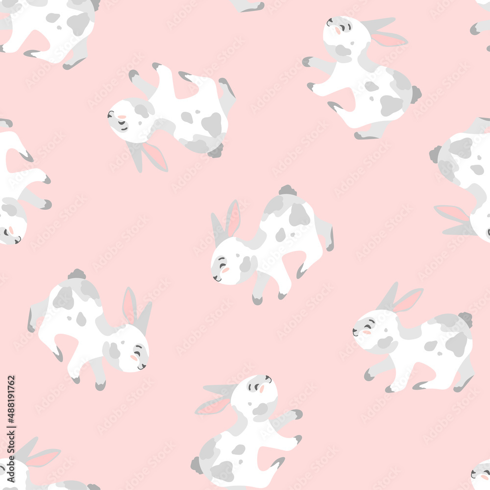 Happy Easter bunny vector seamless pattern. Spring background with rabbits or hares for textile, wallpaper or print design. Flat cartoon texture Illustration
