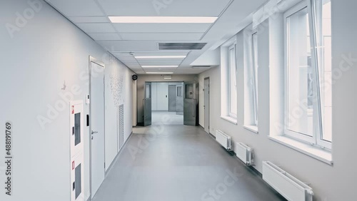 Medical center, hospital. The passage of the camera along the corridor.