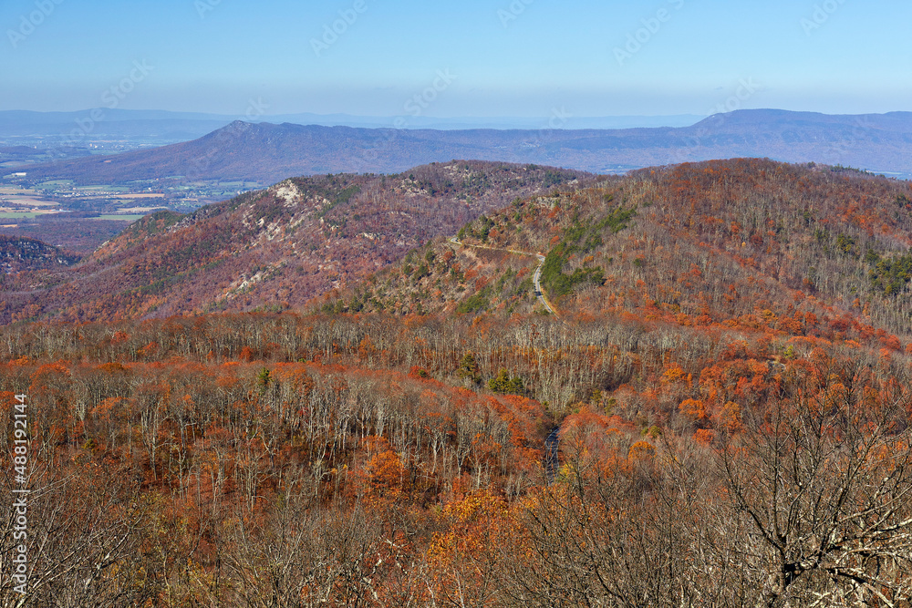 Scenic view from a hiking trail in the central district of Shenandoah National Park, located in the Blue Ridge mountains of Virginia.  Massanutten mountain is in the background.