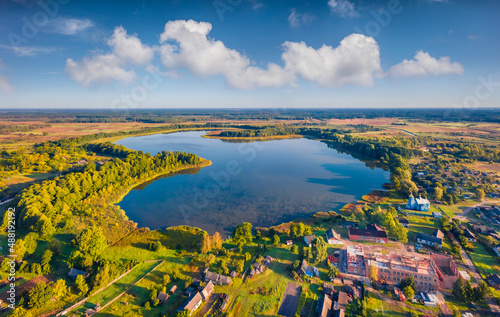 Aerial landscape photography. Stunning morning view from flying drone of Pishchans'ke lake. Beautiful outdoor scene of Shatsky National Park, Volyn region, Ukraine, Europe. Beautiful summer scenery.
