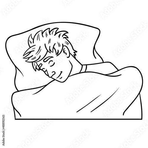 boy sleeps in bed with tousled hair. Comic dreaming outline monochrome.