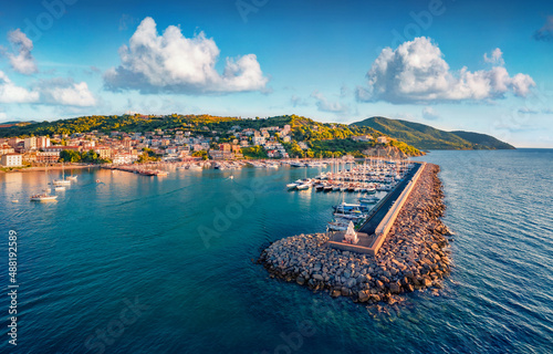 Splendid morning view from flying drone of Agropoli port. Beautiful summer seascape of Mediterranean sea. Traveling concept background. photo