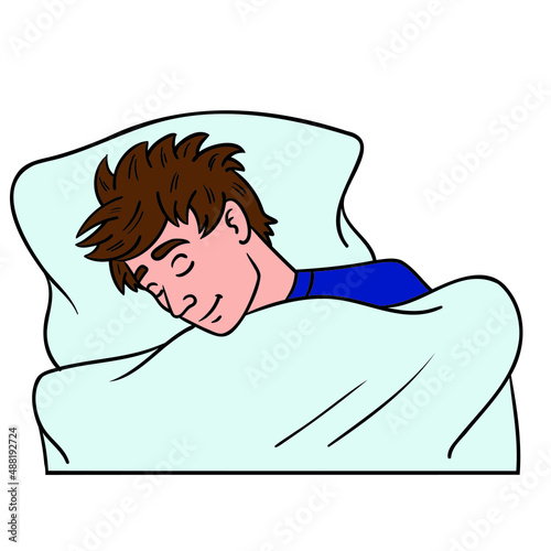 boy sleeps in bed with tousled hair. comic dreaming