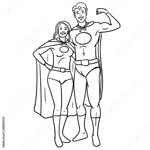 superhero couple with cape. Comic outline vector monochrome.