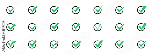Set of check mark icons in a circle. Check marks or ticks. Green confirm symbol. Check list icon. Vector illustration