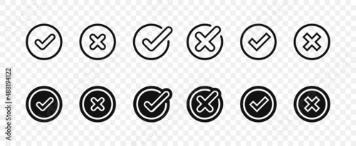 Check mark and cross icon. Collection of check marks and cross in circle on transparent background. Set of icons: Yes/No, Approved/Disapproved, Accepted/Rejected, Right/Wrong, Correct/False, Ok/Not Ok
