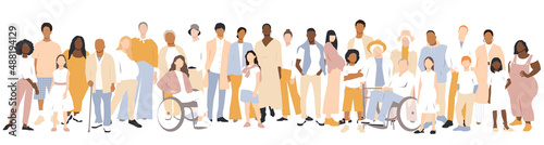 People of different ethnicities stand side by side together. Flat vector illustration.	 photo