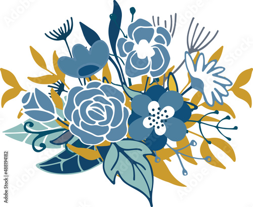Floral illustration with nature elements, blue flowers and leaves