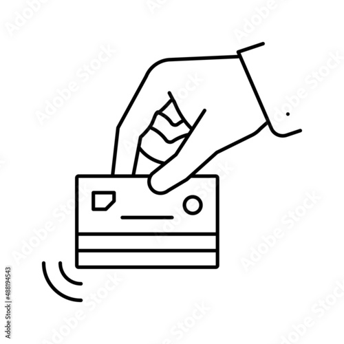 hand holding card with contactless payment chip line icon vector illustration