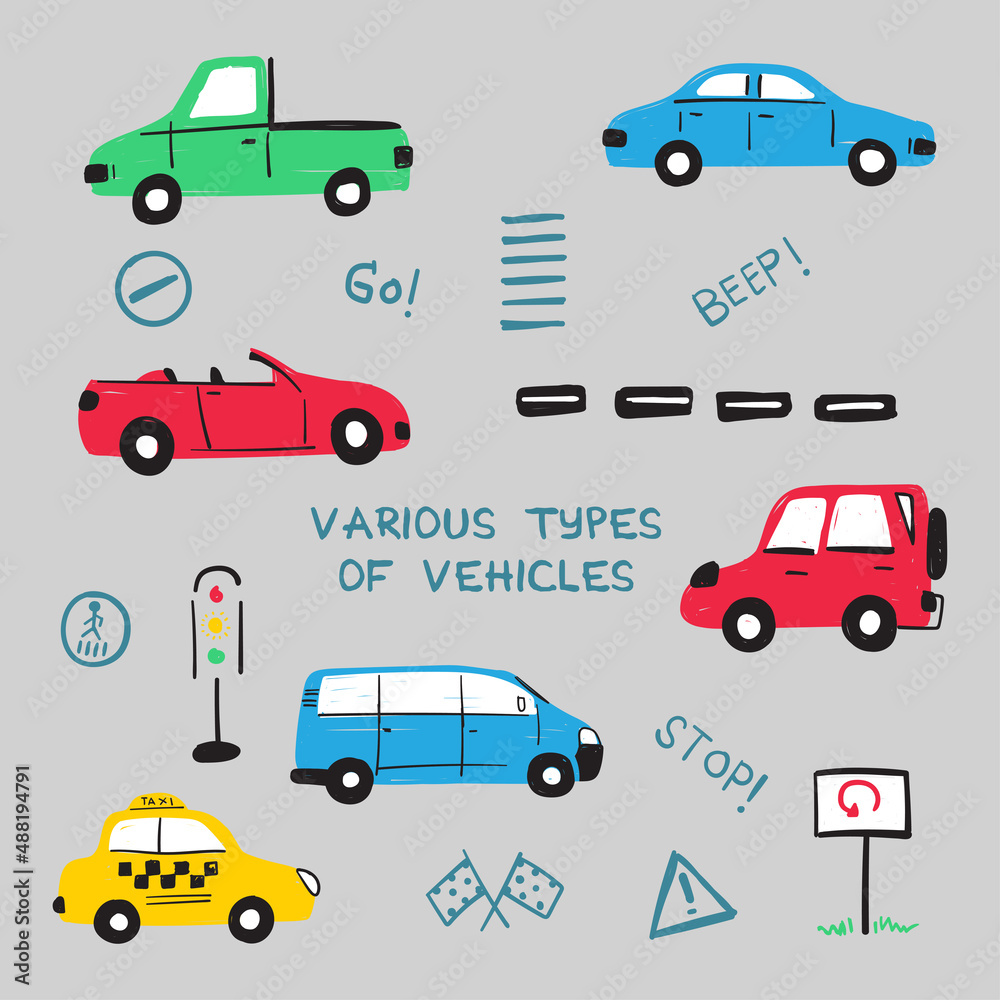 Various type of vehicles. vector hand drawing illustration