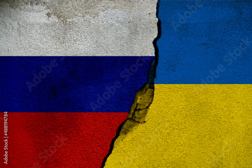  flag of of Ukraine and Kremlin Russia, relationships war conflict between the countries occupation of the territory