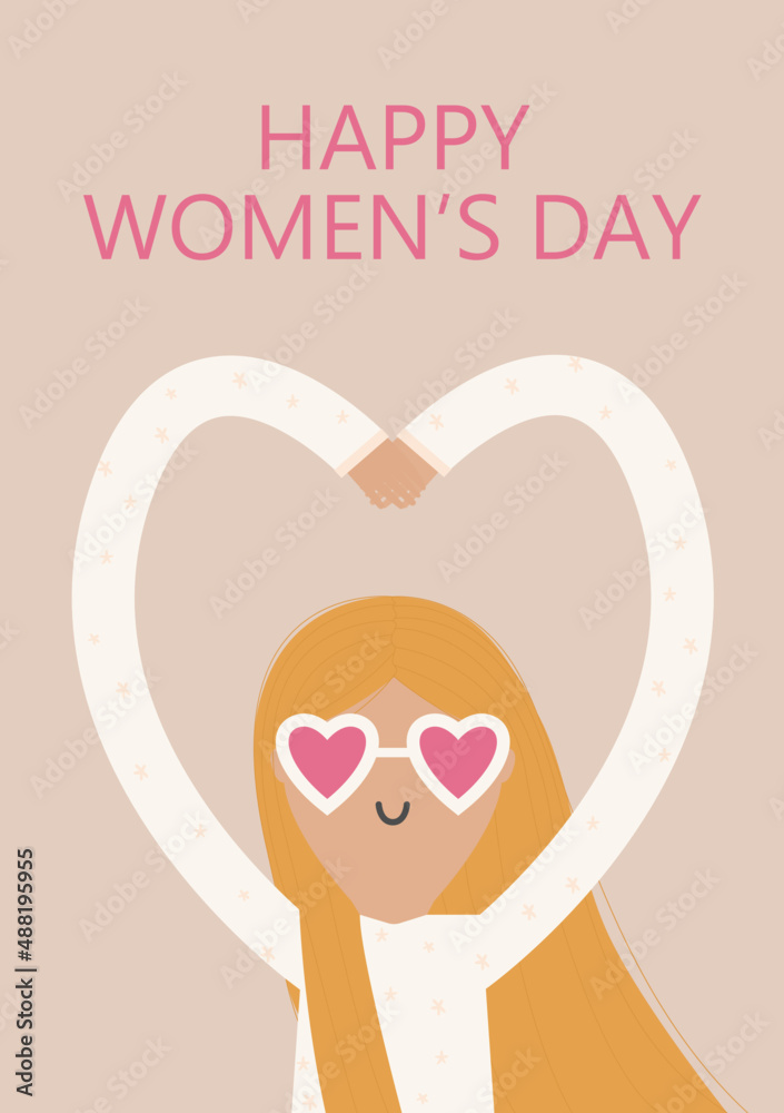 Postcard Happy International Women's Day. Girl with a heart Postcard Happy International Women's Day. Girl with a heart