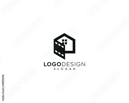 Abstract home media icon logo design, home film media vector logo design 