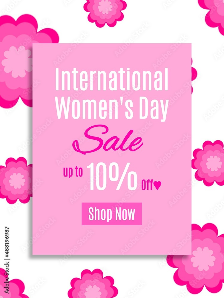 International Women's Day sale up to 10%off. Special discount banner. Ten percent off. Pink Background. Limited offer. Shop Now.