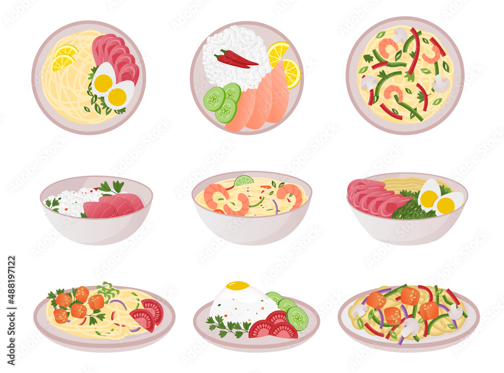 Food in bowl. Asian cartoon noodle, rice and spicy meal, traditional Japanese and Chinese food. Vector set Food in bowl. Asian cartoon noodle, rice and spicy meal, traditional Japanese and Chinese food. Vector set