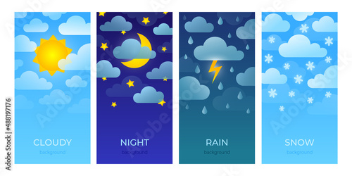 Weather forecast. App background with sun clouds rain wind, mobile interface layout. Vector poster set