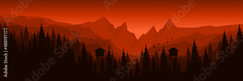 nature sunset forest mountain flat design vector illustration good for wallpaper, backdrop, background, web banner, and design template