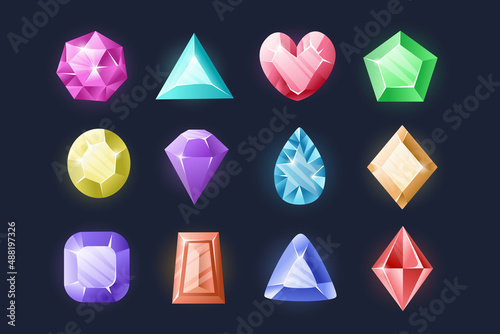 Treasure stones. Cartoon colorful crystals and gemstones, fantasy magic jewels. Vector isolated set