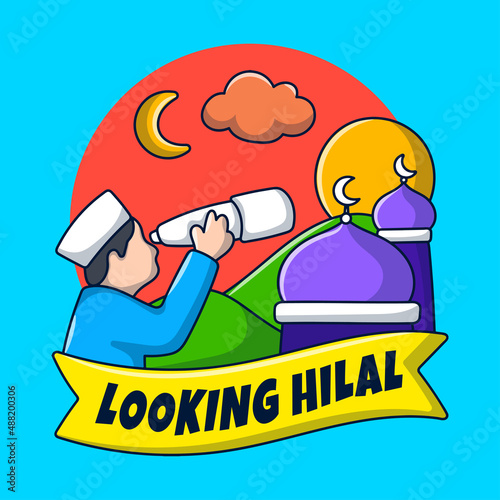 Looking hilal illustration with hand drawn of muslim men, mosque, moon and binocular