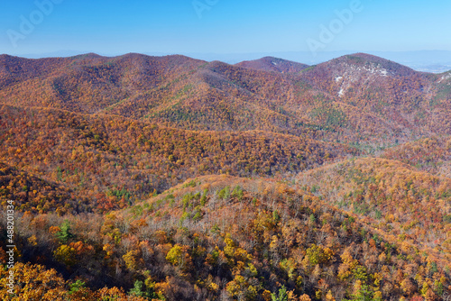 Scenic view of the Blue Ridge mountains from an overlook along Skyline Drive in the south district of Shenandoah National Park, Virginia
