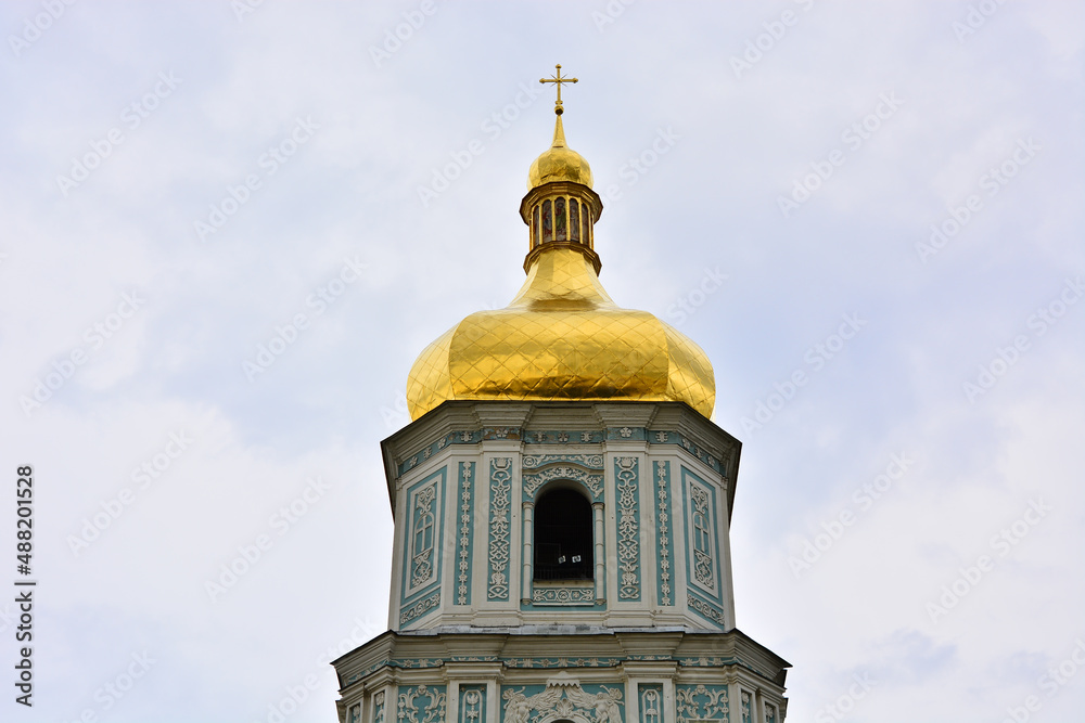 Bell Tower of Saint Sophia Cathedral; Orthodox Church in Byzantine Style at Sofivska Square in Kiev, Ukraine