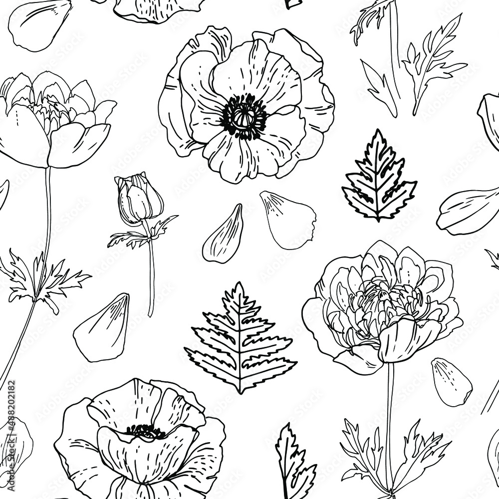 Poppy Pattern Drawing Poppies Pattern Flowers vector line drawing. Drawn by a black line on a ...