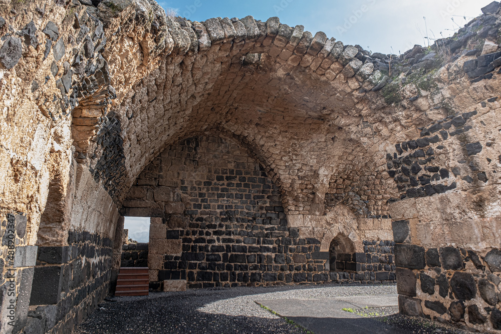 View of Belvoir Crusader Castle restored arch in Jordan Star National Park, located high above the Jordan Valley, South of the Sea of Gallelee and North of Beit Shean, Northern Israel, Israel.