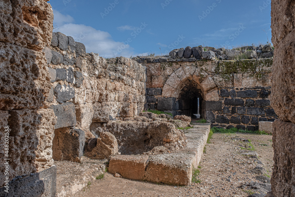 View of Belvoir Crusader Castle restored interior in Jordan Star National Park, located high above the Jordan Valley, South of the Sea of Gallelee and North of Beit Shean, Northern Israel, Israel.